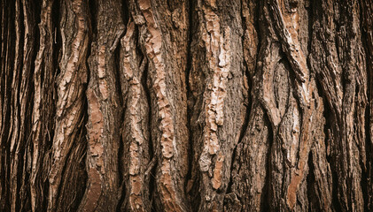 Obraz premium Dark brown tree bark texture shows deep vertical grooves.