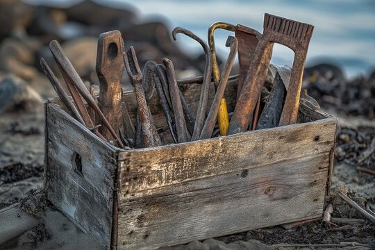 A weathered wooden crate filled with an assortment of old, rusty tools rests on a sandy beach.