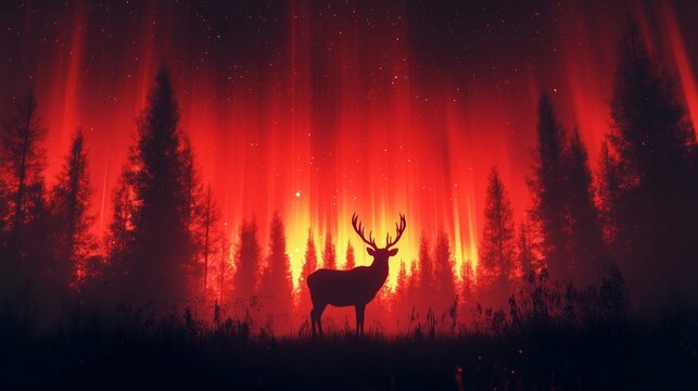 Silhouette of a deer standing in a vibrant forest illuminated by fiery red and orange aurora borealis, evoking a dramatic and surreal connection with nature.
