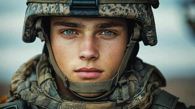 Young Soldier Portrait Montage with Serious Expression