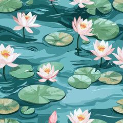 Botanical foliage seamless patterns of water lilies aquatic environment nature illustration vibrant colors tranquil view