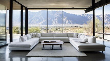 Fototapeta premium Modern sectional sofa in minimalist living room with mountain view.