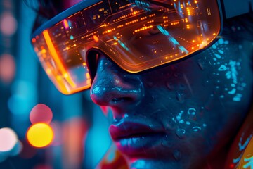 A close-up of a futuristic person wearing glowing, high-tech goggles in a vibrant, neon-lit atmosphere.