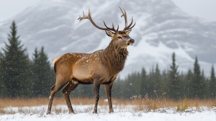 Obraz premium Majestic elk stag in snowy mountain landscape.
