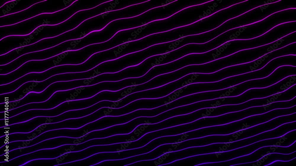 Poster puple and blue abstract wavy lines moving on black background. animated neon glowing lines and seaml