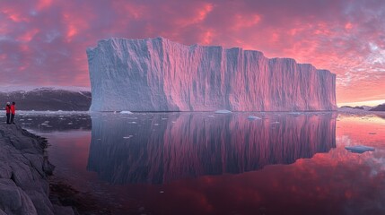 Majestic iceberg at sunset reflecting in calm water, two people observing.