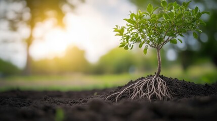 Young Tree with Strong Roots Growing in Sunlit Soil Environment