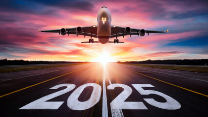 Commercial airplane flying over a runway with the year 2025 painted on the tarmac.