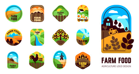 Fototapeta premium Agriculture and Farm Logo Icon Set. Green Fields, Sun, Sky, Eco Symbols in a geomtric style