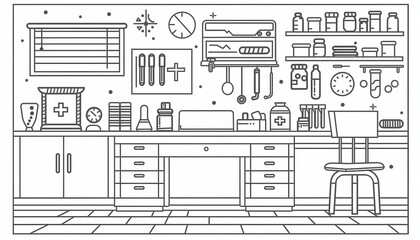 Clean line art illustration of a medical laboratory with various equipment. Ideal for websites, educational materials, or healthcare publications.