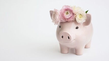 Cute Piggy Bank with Floral Crown on a White Background