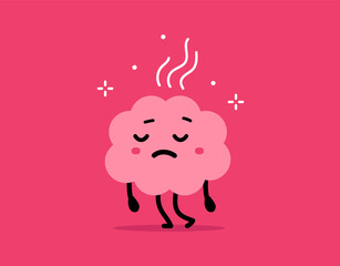 Vector cartoon illustration of cute stress overwork unhappy brain character on pink color background. Flat doodle style design of tired and burnout brain need rest