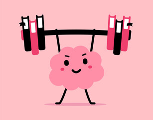 Vector cartoon illustration of strong happy brain character training lift book barbell up on pink color background. Flat doodle style design of healthy smile brain athlete exercise with weight