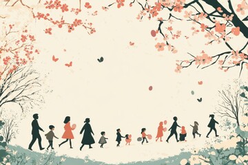 Obraz premium Family Spring Stroll Under Blossoming Trees