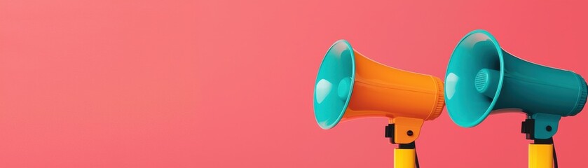 Two colorful megaphones in orange and teal against a vibrant pink background, symbolizing communication and amplification of messages.