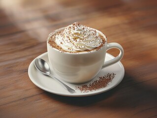Delicious hot beverage topped with whipped cream and chocolate shavings in a cozy setting. Generative AI