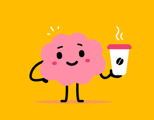 Vector cartoon illustration of cute happy brain hold coffee cup with steam on yellow color background. Flat doodle style design of smile brain character with mug to coffee break