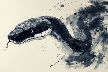 Black Snake Art with Brush Strokes and Ink Wash Technique