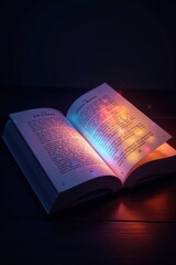 Obraz premium Glowing book with vibrant colors radiating from its pages in a dimly lit room, soft glow, glowing
