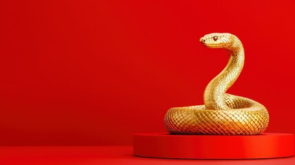 Fototapeta premium A golden snake sculpture stands elegantly on a red pedestal, showcasing a striking contrast against a vibrant red background Chinese New year, Lunar, year of Snake.