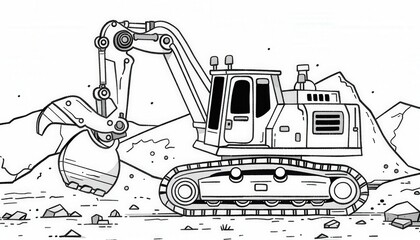 A powerful excavator digs into the earth ready for construction or mining projects. Perfect for coloring pages activity books or educational materials.