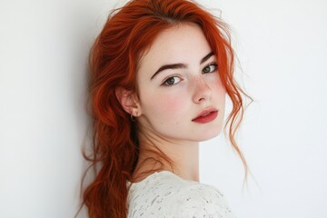 Portrait of a Young Woman with Vibrant Red Hair Against a Minimalist Background