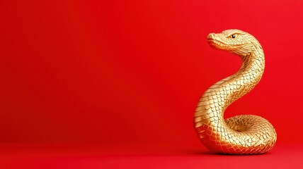 Fototapeta premium A golden snake sculpture elegantly posed against a vibrant red backdrop, creating a striking contrast and captivating visual appeal Chinese New year, Lunar, year of Snake.