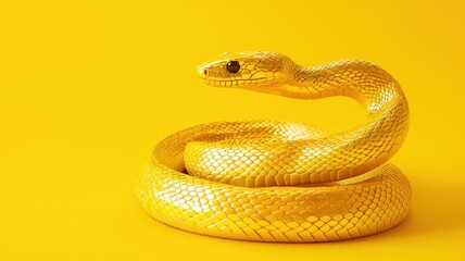 Fototapeta premium A vibrant yellow snake gracefully coiled against a bright yellow background, showcasing its striking color and smooth texture Chinese New year, Lunar, year of Snake.