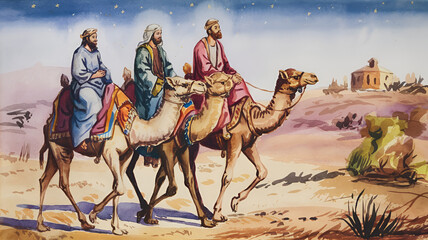 the three wise men of the Christian tradition riding camels across a landscape to reach the newborn baby jesus,  watercolor painting with light strokes and soft colors, three kings, magi