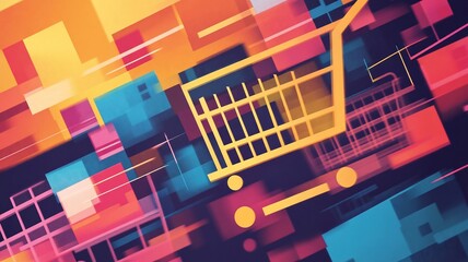 A Vibrant shopping cart illustration with colorful abstract background