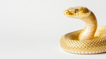 Fototapeta premium A golden snake with a smooth, coiled body, elegantly positioned against a plain background, showcasing its striking texture and coloration Chinese New year, Lunar, year of Snake.