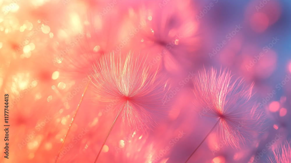 Poster dandelion seeds parachute creating a dreamy abstract bokeh nature background pattern