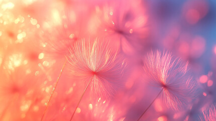 Naklejka premium Dandelion seeds parachute creating a dreamy abstract bokeh nature background pattern