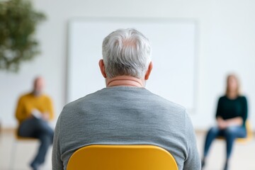 A senior man sits facing away in a brightly lit room, while two other participants engage in conversation, fostering a supportive group setting