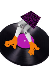 Vertical collage young girl legs foot shoes roller skater hobby professional rider disco vinyl...