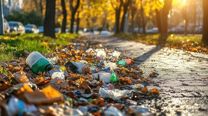 Obraz premium Littered Pathway Amidst Autumn Leaves in Urban Setting
