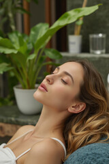 Naklejka premium a woman with long, wavy hair lying down in a relaxed position, with a potted plant and a glass of water in the background