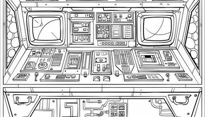 A detailed line art drawing of a futuristic control panel or dashboard. Perfect for coloring books, activity pages, or design elements in sci-fi themed projects.