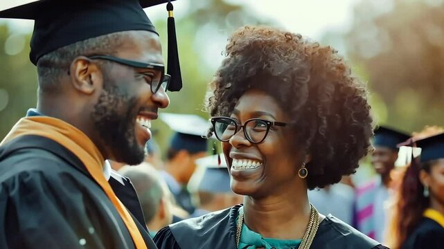 Happy african american middle aged students on university graduation ceremony celebrating together. Mature graduates smiling and congratulating each other