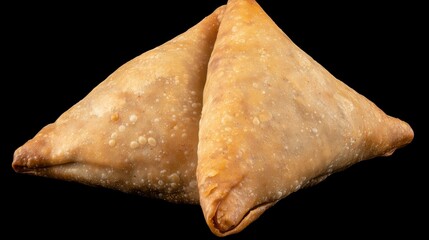 Two golden brown Indian samosa pastries freshly baked and ready to enjoy