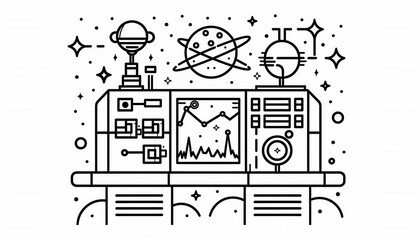 Obraz premium A space-themed control panel with charts, dials, and planetary models. Ideal for sci-fi games or space exploration apps.