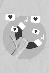Creative photo 3d collage artwork poster of human blogger arm attracting feedbacks isolated on...