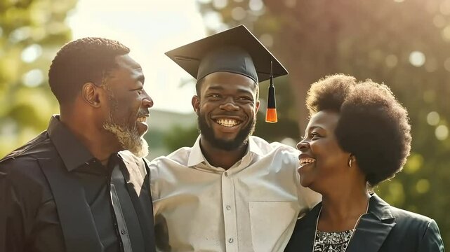 Happy african american student on university graduation ceremony celebrating with his parents. Mother and father are smiling and hugging proud of their grown adult son congratulating him