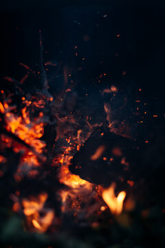 Close-Up of Glowing Embers and Fire Sparks