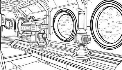 A futuristic spaceship interior hallway with circular windows showing a cratered planet. Potential applications: coloring pages, concept art, game design.