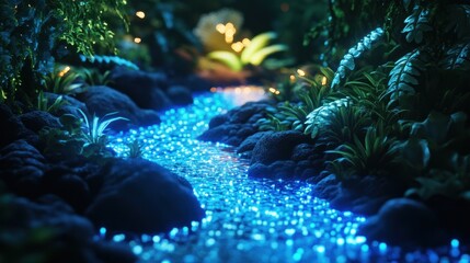 Obraz premium Enchanted Forest Stream with Glowing Water and Lush Greenery Illuminated by Soft Lights in a Serene Natural Environment
