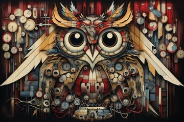 Fototapeta premium Intricate steampunk owl composed of clocks and gears, symbolizing the passage of time