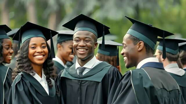 Happy african american students smiling, speaking, congrats each other on the university graduation ceremony. Looking to the camera