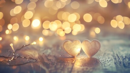 love, valentines day and people concept - close up of happy couple over festive lights on beige background