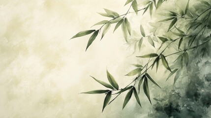 Elegant Watercolor Painting of Bamboo Leaves on Beige Background